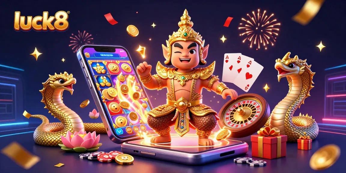 Standout scene showcasing luck8 with vibrant characters, slot games, and golden coins capturing immersive gaming experiences.