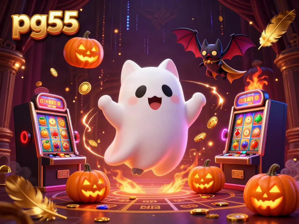 Experience exciting gameplay at pg55 with a ghost cat and bat in a vibrant casino scene.