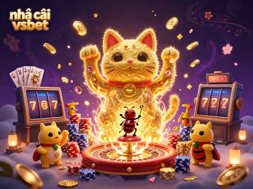 Experience the excitement at nhà cái vsbet with dazzling casino symbols and a charming lucky cat illustration.