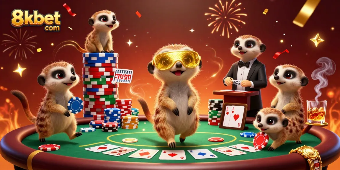 Engage with 8xbet com in a dynamic meerkat casino scene, complete with colorful poker chips and a festive atmosphere.
