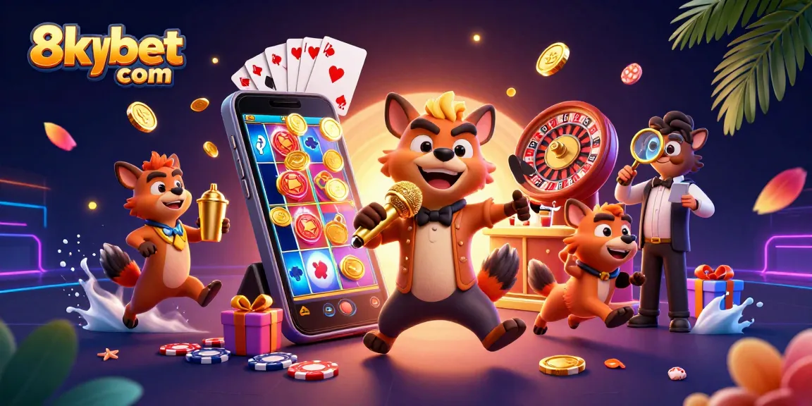 Engage with 8xbet com at this vibrant casino scene, featuring hyenas in a comedy club delivering fun moments.