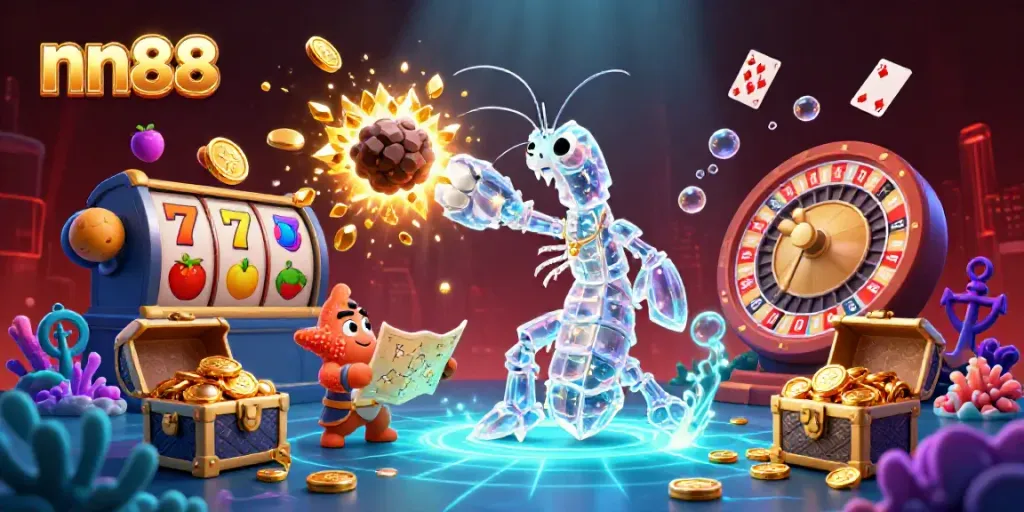 Witness the galactic samurai mantis shrimp thriving in the vibrant nn88 casino world filled with exploding gems!