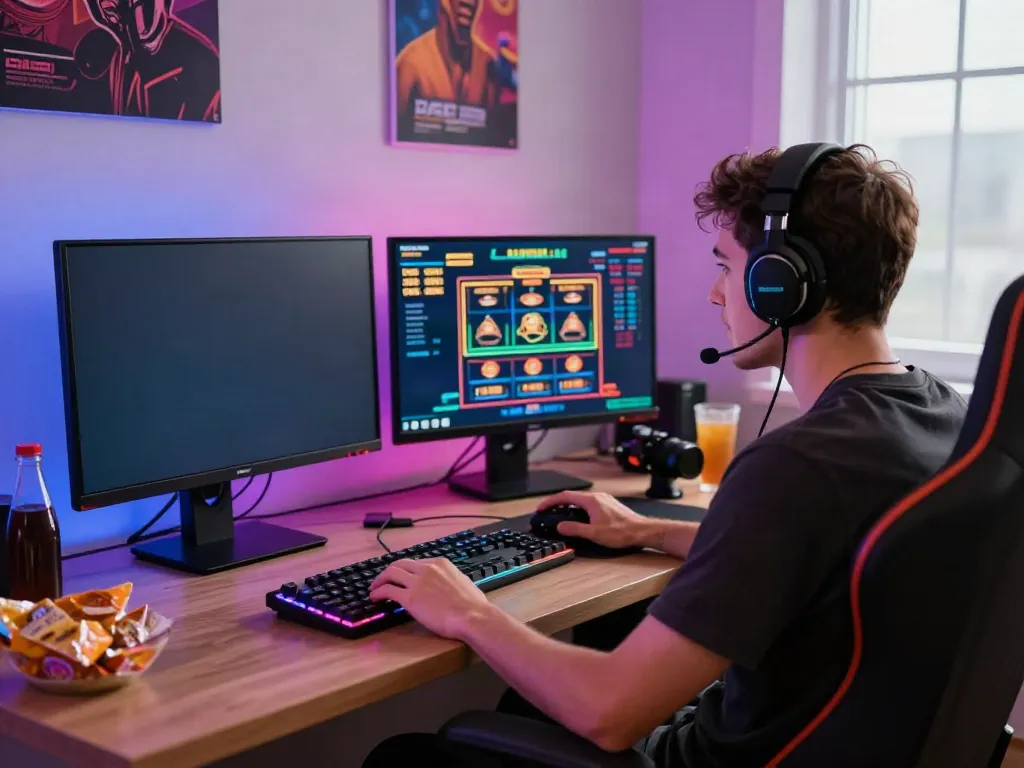 Engaged gamer enjoying DA88 online casino experience with immersive setup and vibrant atmosphere.