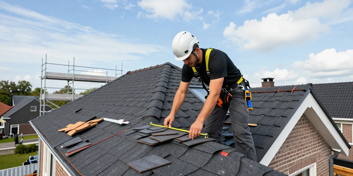 Professional dakdekker den haag inspecting residential roof with safety gear and tools.