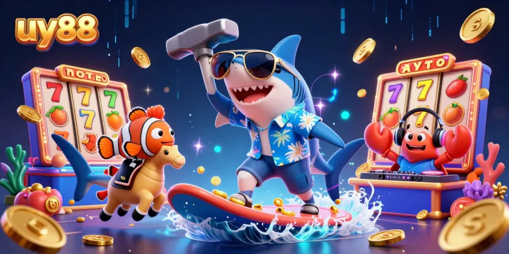 Bet on uy88 at a vibrant virtual casino featuring colorful characters and exciting slot elements.