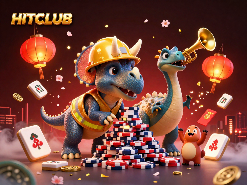 Experience the excitement of HITCLUB with vibrant casino-themed characters celebrating amidst glowing decorations.