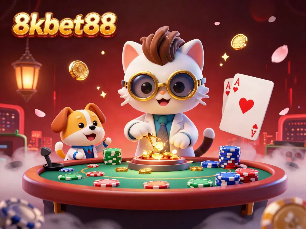 Engage with the vibrant casino scene at 8xbet88 featuring a mad scientist cat and lab assistant amidst poker excitement.