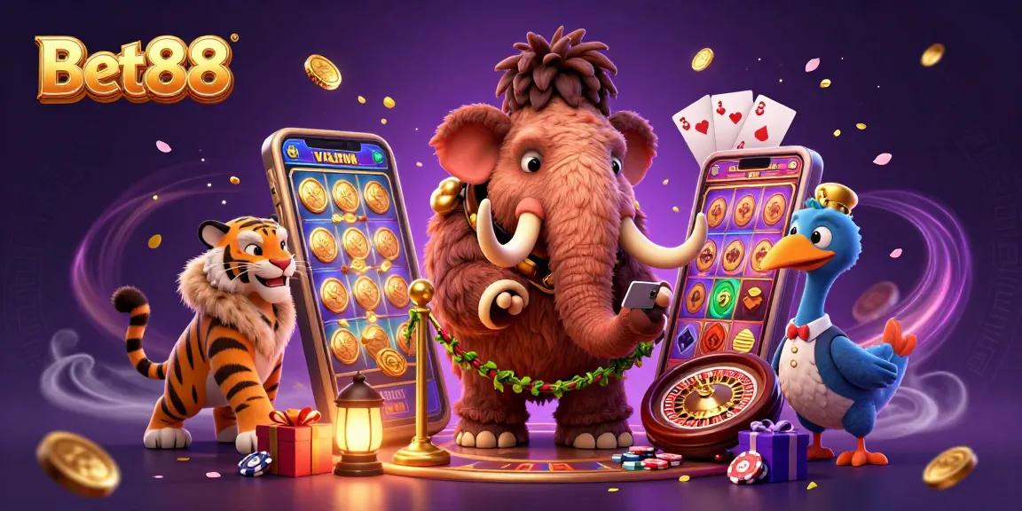 Engage with Bet88 in a vibrant casino world featuring a woolly mammoth bouncer and more.
