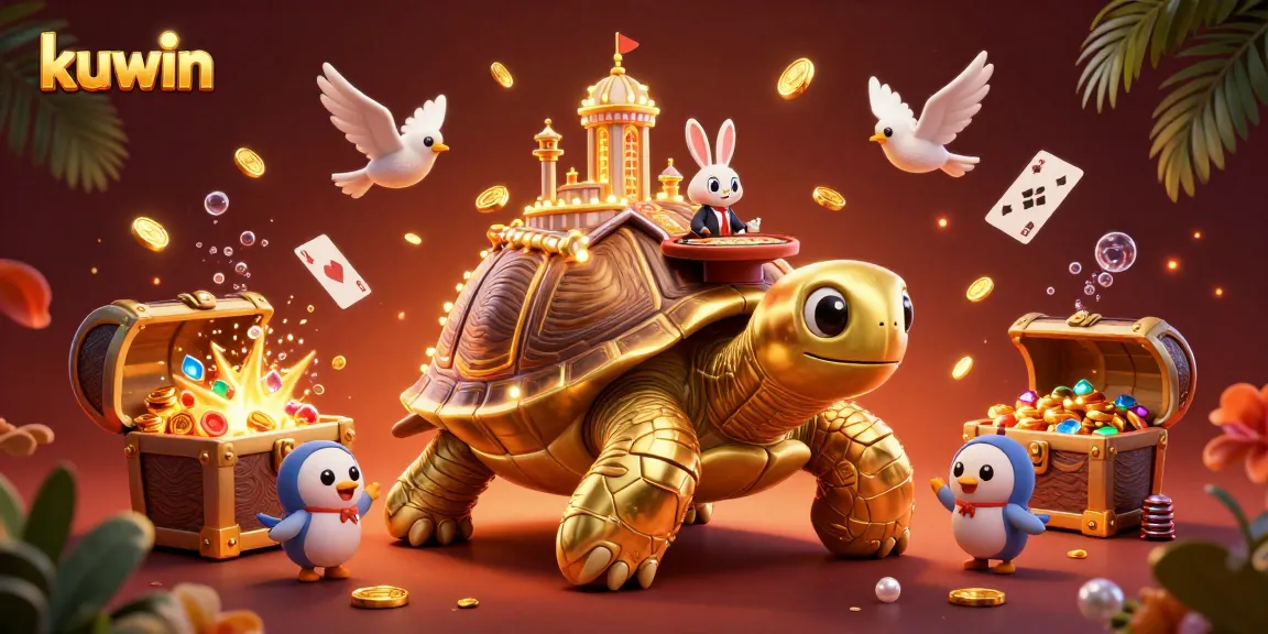 Kuwin delivers exciting casino fun with a golden tortoise casino and rabbit dealer amidst treasure and floating cards.