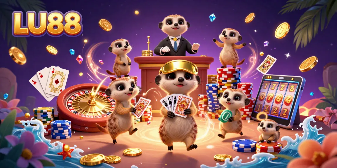 Engage with LU88's vibrant casino scene featuring playful meerkats amid flashing lights and flying coins.
