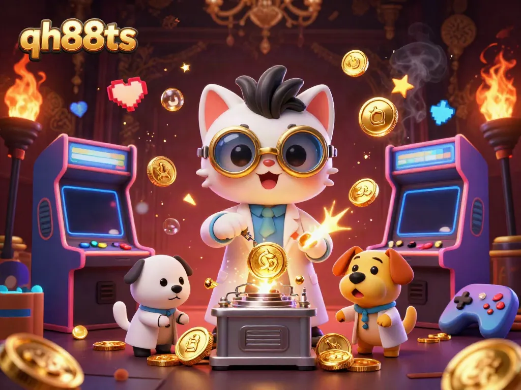 Engage with qh88ts as a cartoon mad scientist cat creates gold coins in a vibrant casino scene.