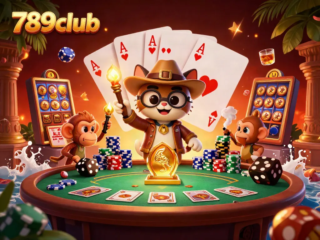 Experience the excitement of 789club with a vibrant scene featuring cats and casino artifacts.