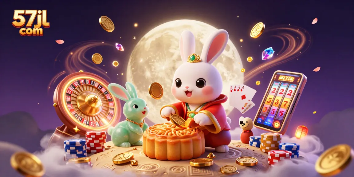 Experience the thrill of 57jl com casino with a vibrant scene of moon rabbits and vibrant golden casino elements.