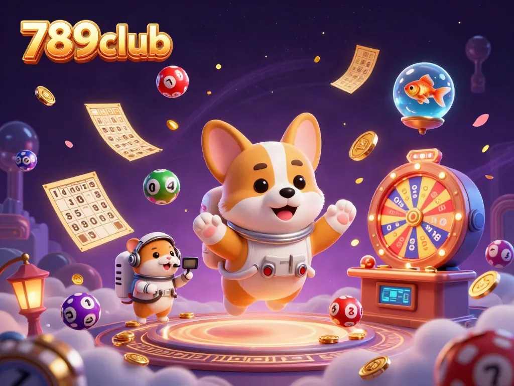 Experience thrilling games at 789club as an astronaut corgi floats in a vibrant casino.