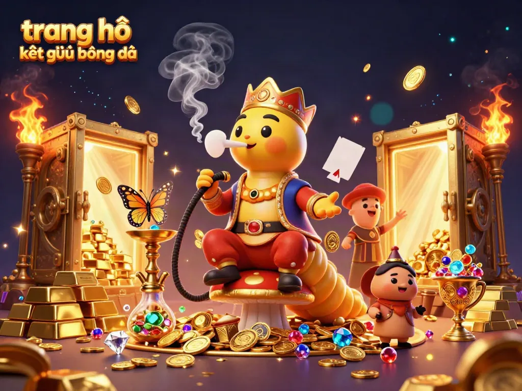 Engage with the spannable world of trang chủ kết quả bóng đá featuring a 3D caterpillar hookah-master amidst golden treasures and betting symbols.