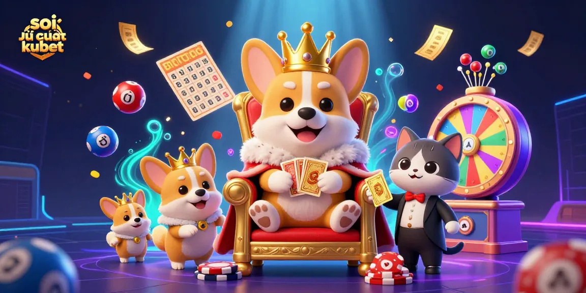 Soi cầu kubet session with a royal corgi king surrounded by lottery balls and dynamic game elements.