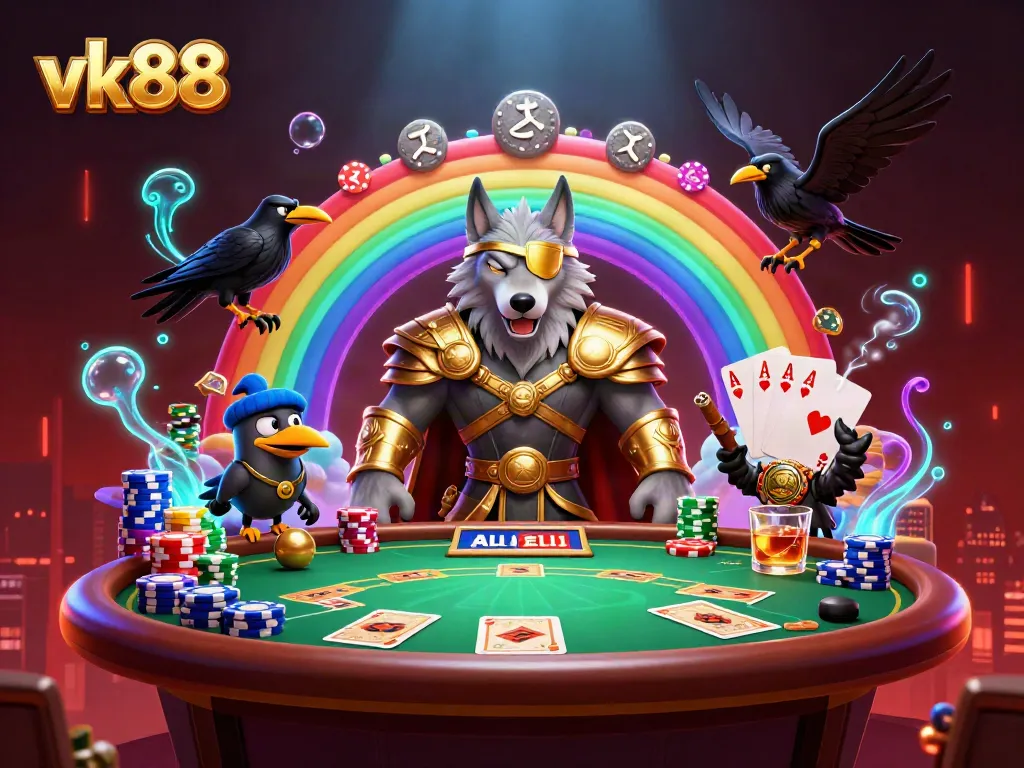 Experience thrilling action at vk88 with a vibrant 3D scene filled with casino elements and characters.