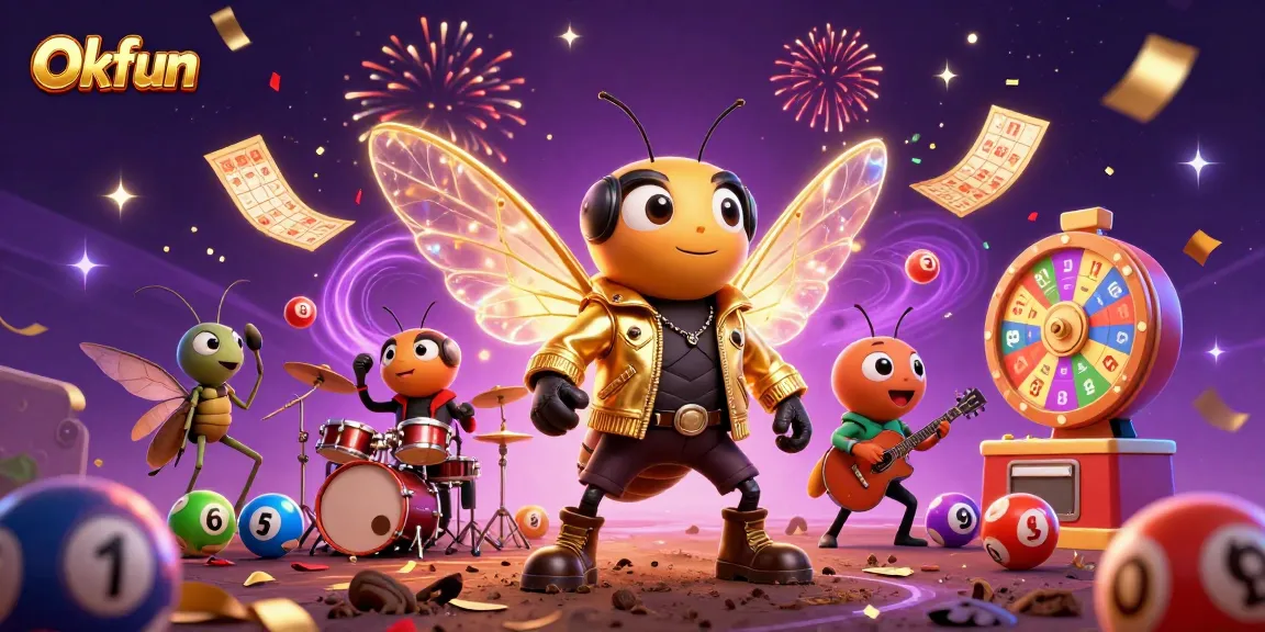 Okfun brings excitement with a rock star cicada, colorful lottery elements, and festive atmosphere!