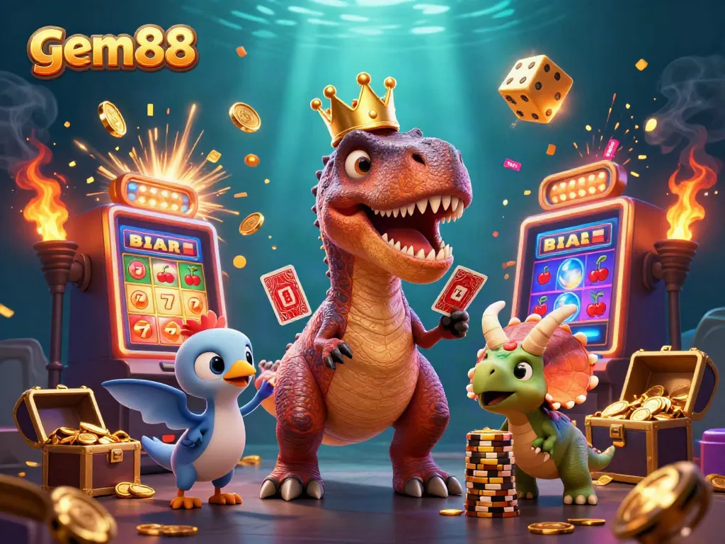 Experience thrilling jackpot actions at gem88 with a playful T-Rex and vibrant casino elements.