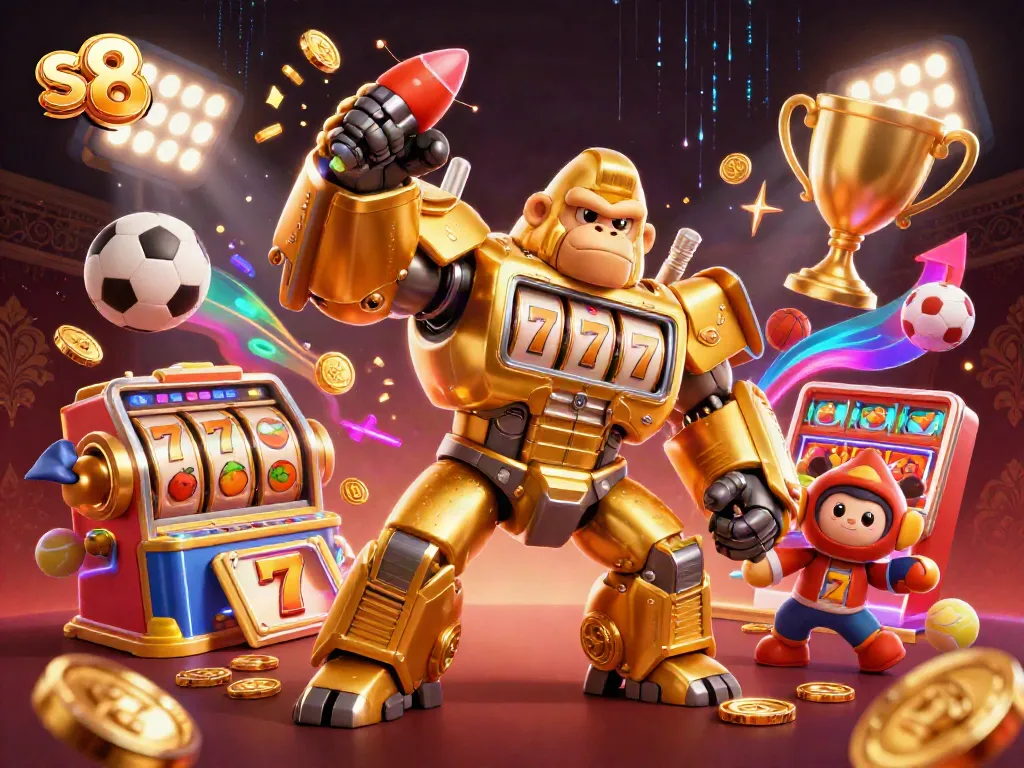 Engage with thrilling slots and sports at s8, featuring a golden gorilla mech and vibrant game elements.
