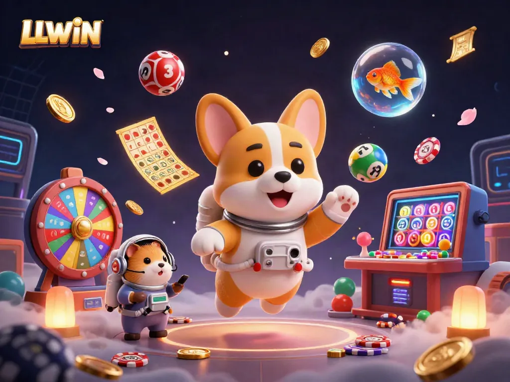 Join LLWIN's thrilling casino experience with an astronaut corgi and animated game elements.