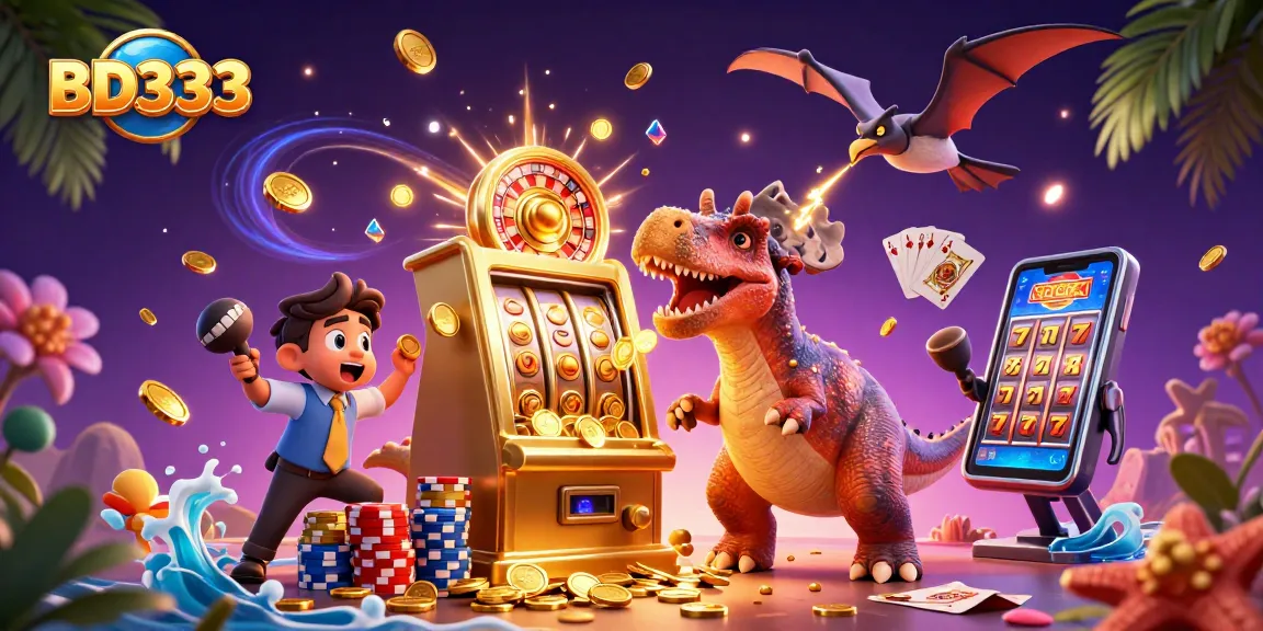 BD333 engages players with a thrilling scene of a dinosaur winning jackpots in a lively casino.