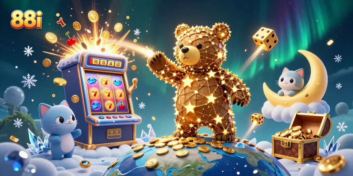 Experience vibrant gaming with 88i's constellation bear and slot machine in a dynamic casino scene.