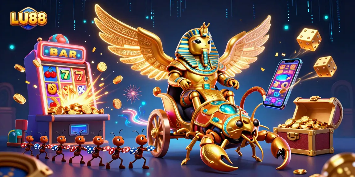LU88 captures an exciting casino experience with golden beetles and jackpot symbols in a vibrant 3D scene.