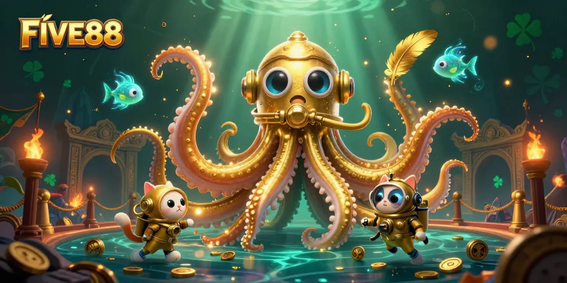 Engage with FIVE88 in this vibrant scene of a colossal kraken and diving cat, surrounded by gold!