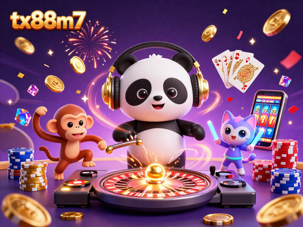 Engage with tx88m7's vibrant casino scene featuring a DJ panda and festive elements.