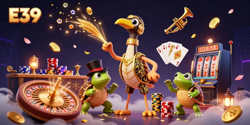 Experience E39's exciting gaming ambiance, featuring colorful characters and vibrant casino elements.