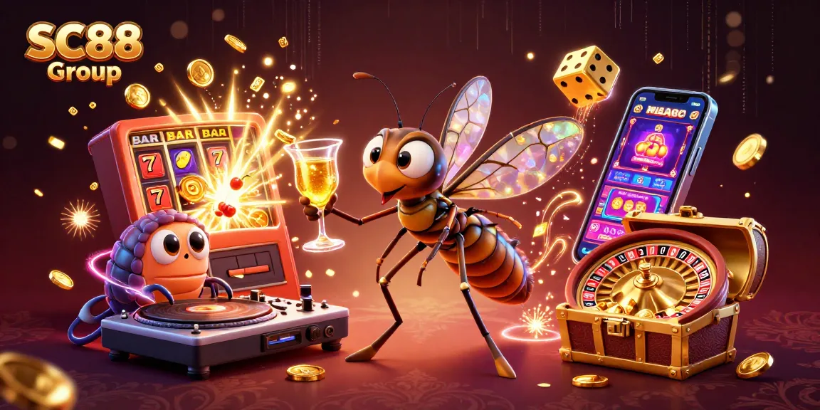 Experience fun at SC88 Group with a lively casino scene featuring animated characters and vibrant gaming elements.