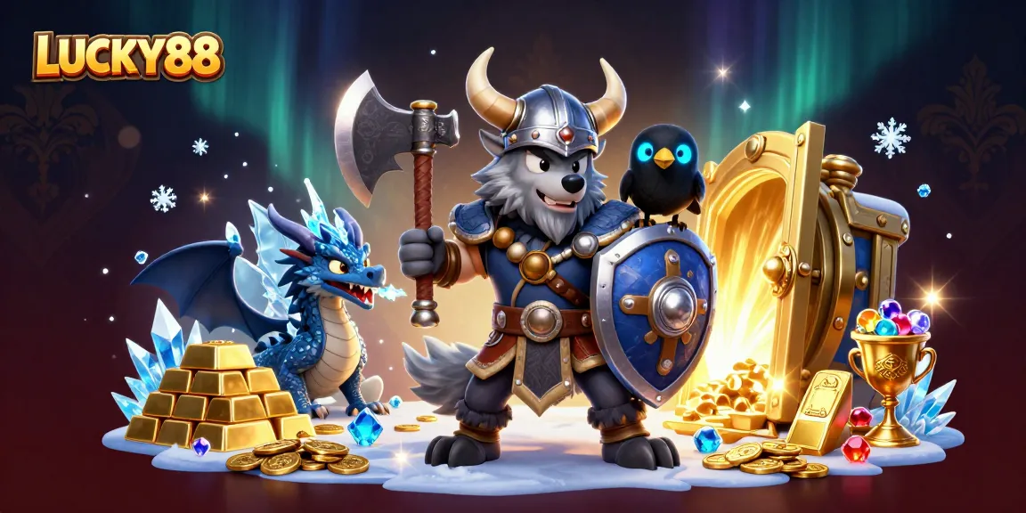 LUCKY88 features a Viking wolf warrior, dragon, and raven amidst treasure in an exciting casino scene.
