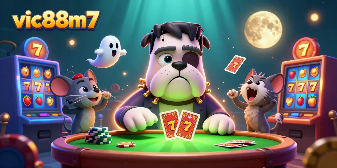 Join the fun at vic88m7 with the lively Frankenstein bulldog gaming at a haunted casino.