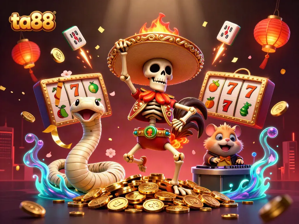 Celebrate with ta88: A vibrant casino scene featuring dynamic characters and energetic gaming elements.