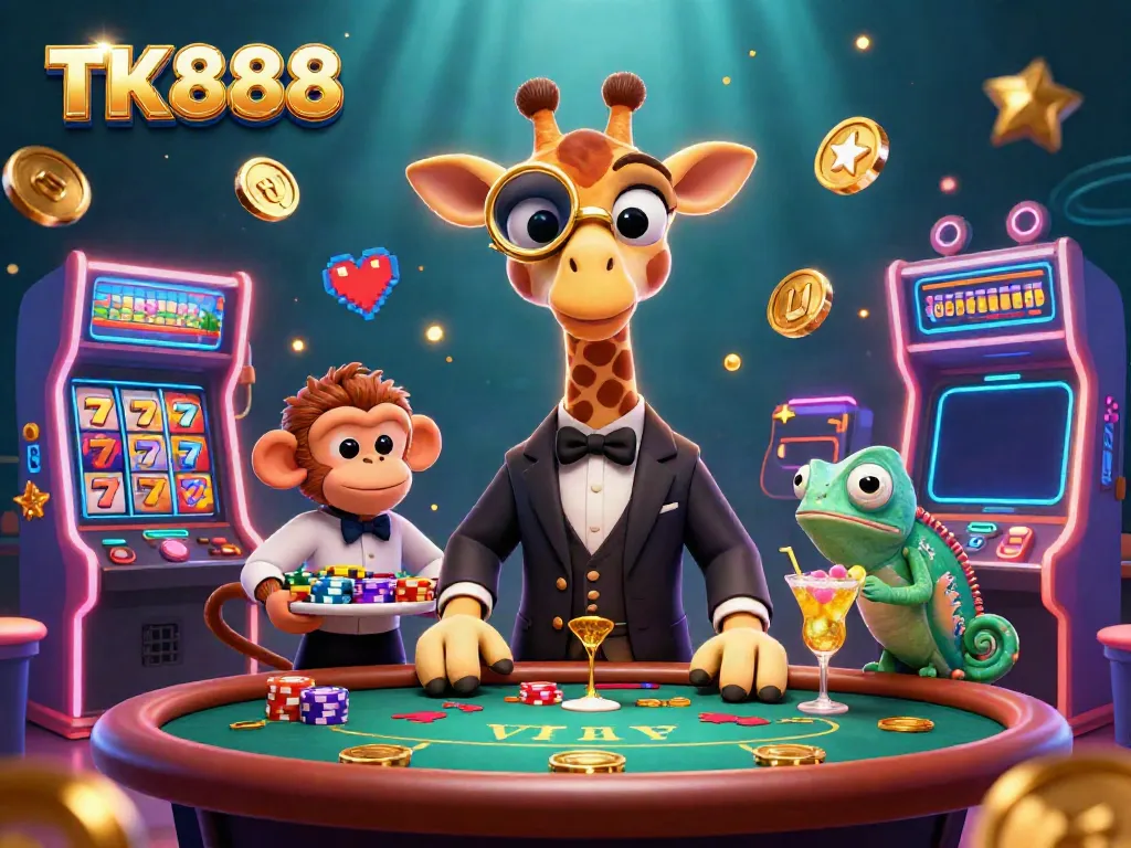 Experience thrilling jackpots at TK888 with a high-roller giraffe, monkey valet, and chopping cocktail chameleon amid casino excitement.