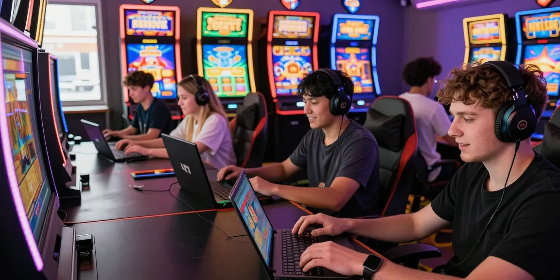Pengalaman permainan slot online di tahun4d dengan pemain yang tertawa dan bersemangat.