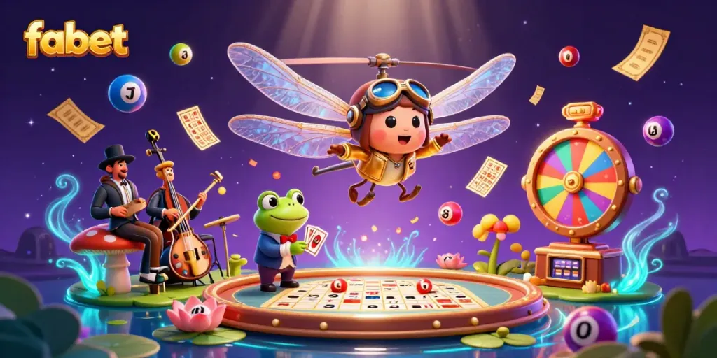 Experience the excitement of fabet casino with a dragonfly pilot and frog croupier in a vibrant gaming scene.