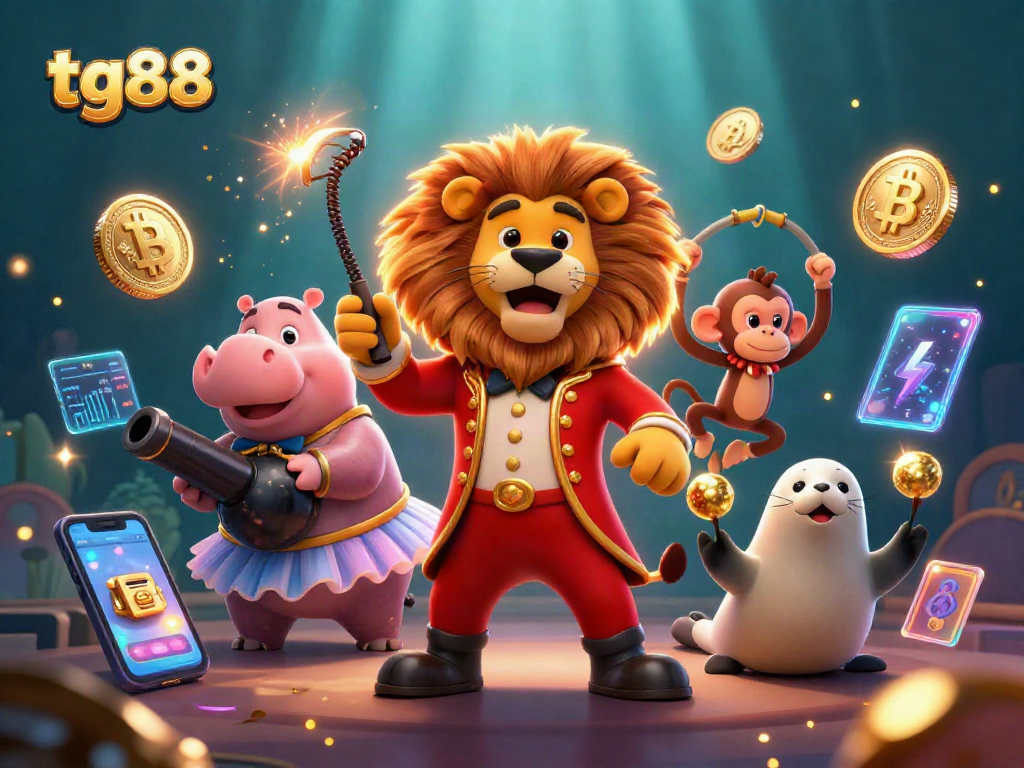 Experience the vibrant entertainment of tg88's gaming universe, featuring animated characters and cryptocurrency elements.