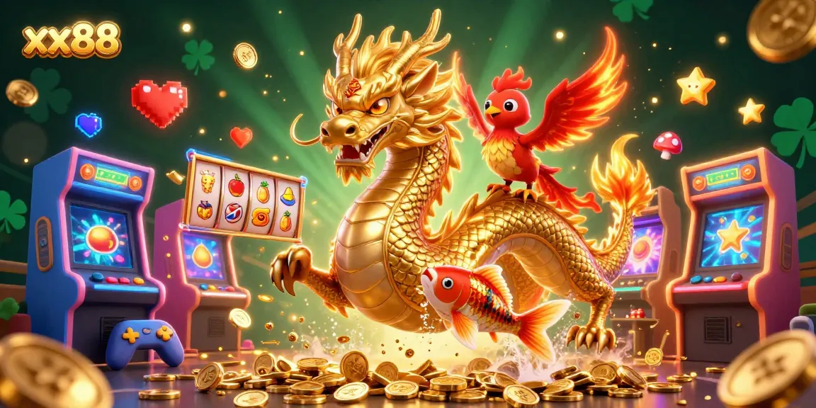 Engage in thrilling gameplay at xx88, where a golden dragon and phoenix celebrate exciting slot victories.