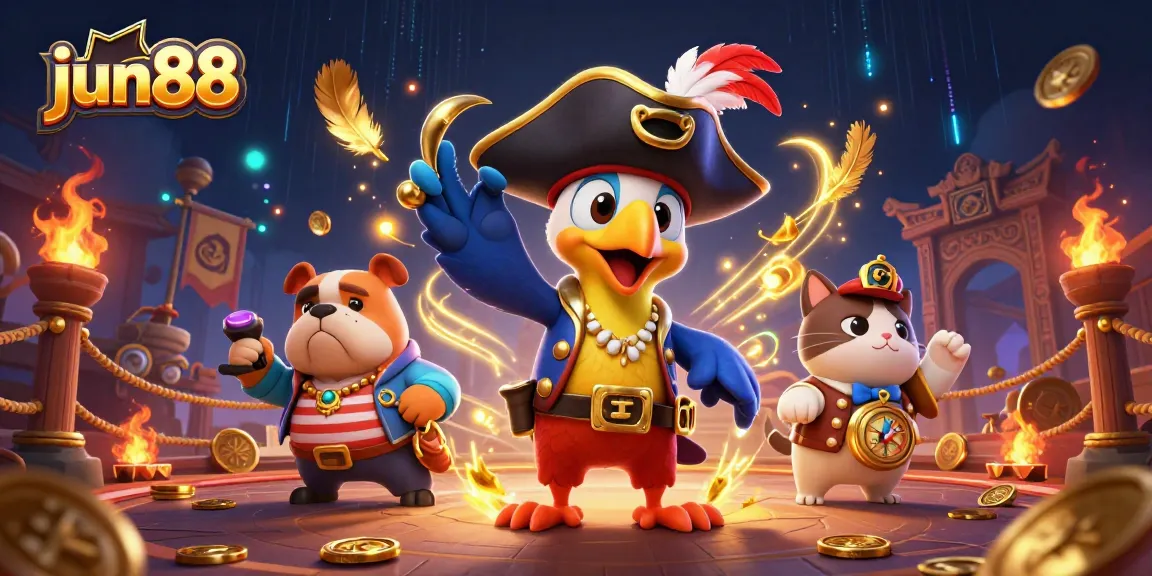 Experience thrilling adventures on jun88 with a dynamic scene featuring pirate characters amidst a vibrant casino backdrop.
