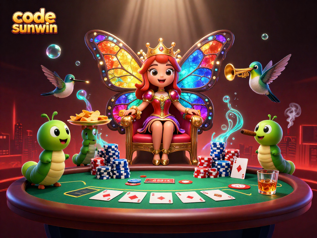 Experience excitement with code sunwin as lavish poker chips and vibrant characters captivate the casino scene.