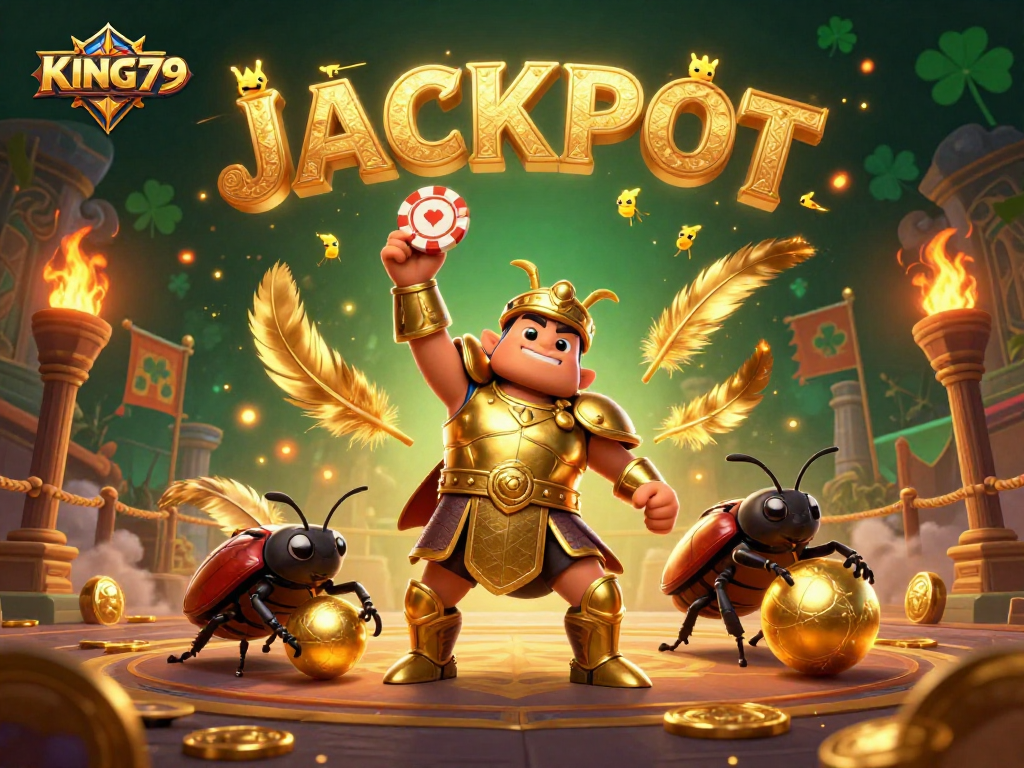 Experience the thrill of KING79 with the hercules beetle in a dazzling victory pose, surrounded by casino elements.