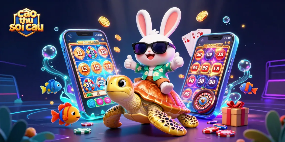 Cao thu soi cau with lucky rabbit and sea turtle amid vibrant casino elements.