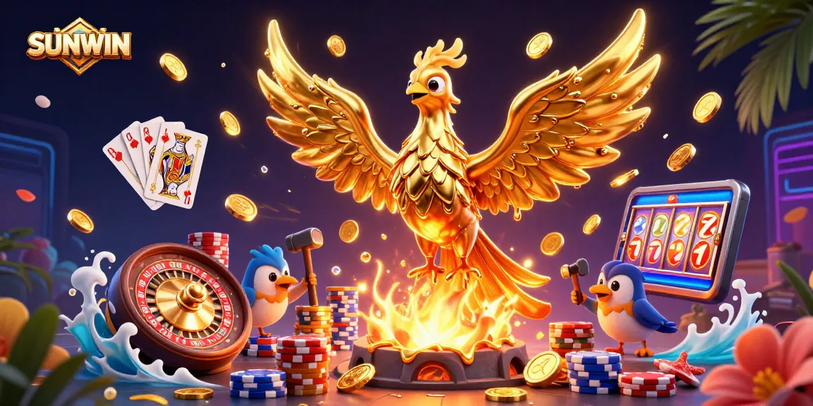 SUNWIN showcases a golden phoenix surrounded by cascading coins and gaming elements, celebrating vibrant casino energy.