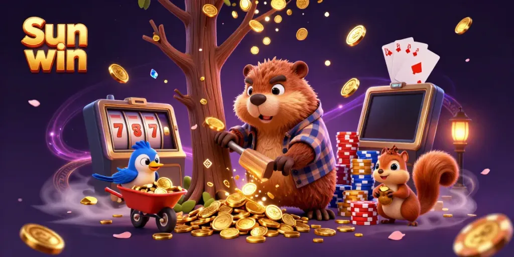 Experience the thrill of Sun win with a cartoon beaver collecting golden coins in this vibrant casino scene.