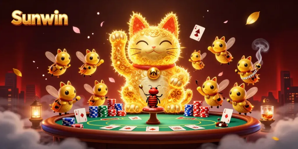 Play and win big at Sunwin's vibrant online casino, amidst a golden lucky cat and dynamic poker scene.