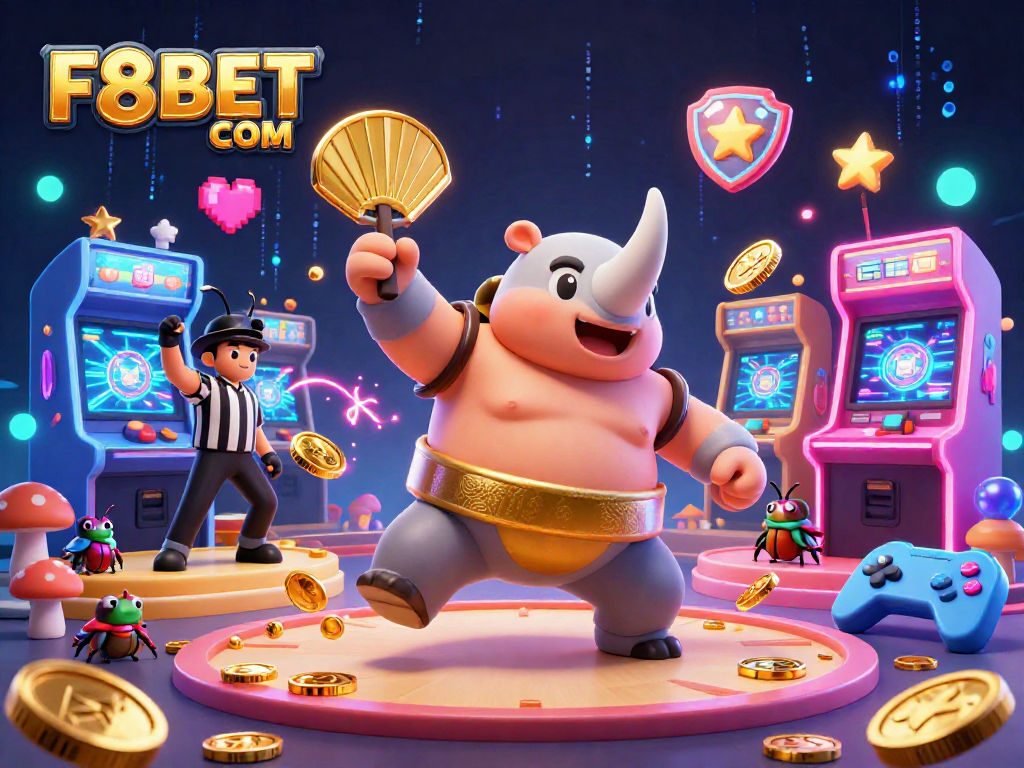 Play games and win big at F8BET COM, featuring energetic beetle characters in a vibrant casino scene.