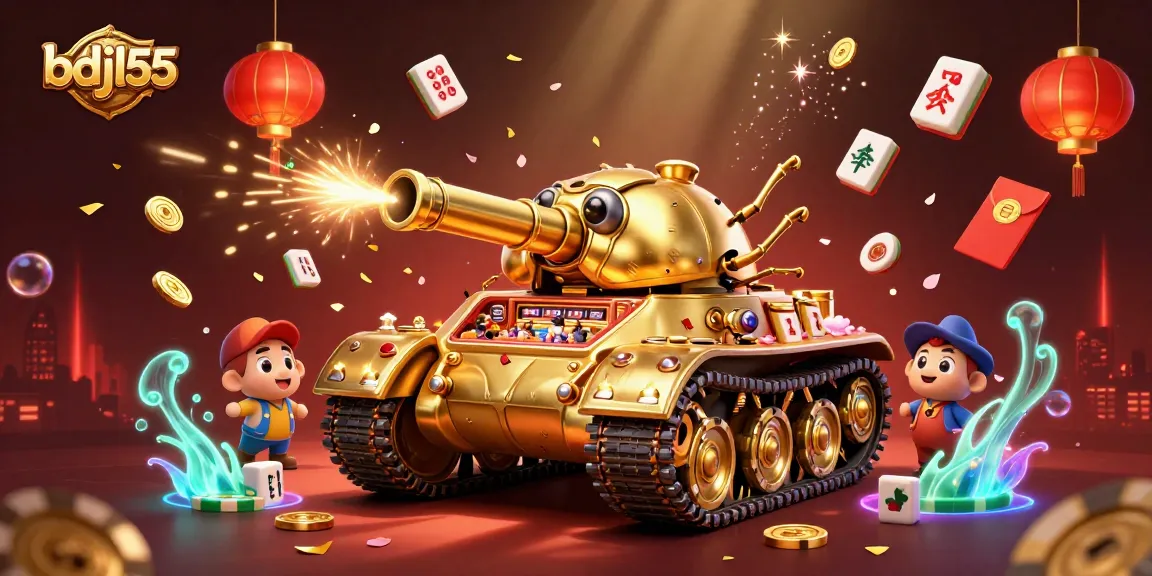 Engage with the bdjl55 experience featuring a vibrant 3D casino scene with a golden beetle tank and lively gaming elements.