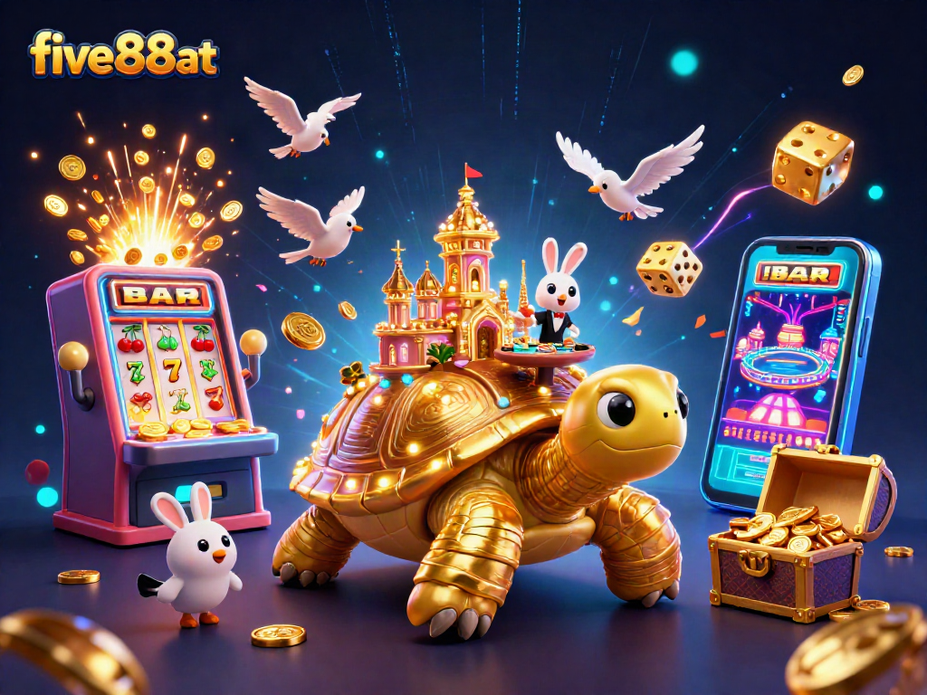 Experience the thrill of five88at as golden tortoise, rabbit dealer, and coins create a magical casino scene.